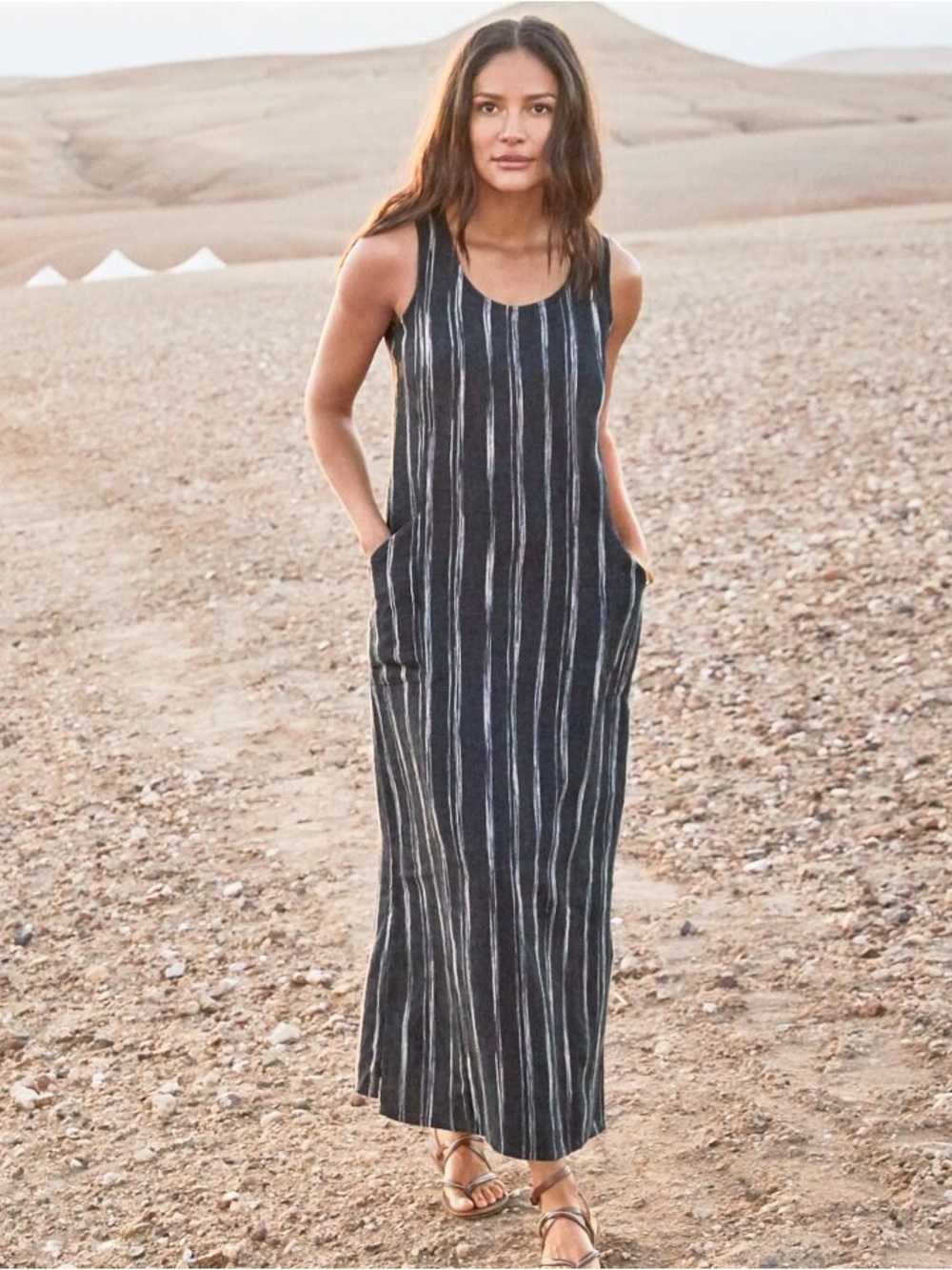 Garnet Hill Linen Dress, Long Maxi Tank in Blue & White Stripes & Pockets size 8